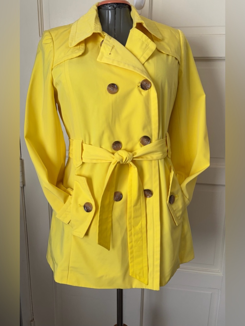 Calvin Klein Bright Yellow Double-Breasted Trench with Belt